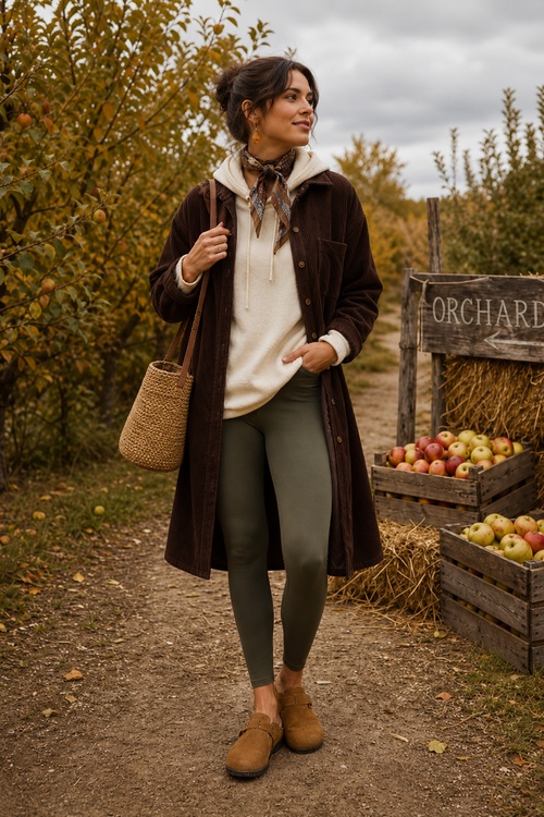 a woman wears a cream hoodie with a brown corduroy coat, olive leggings, and brown clogs at an apple orchard