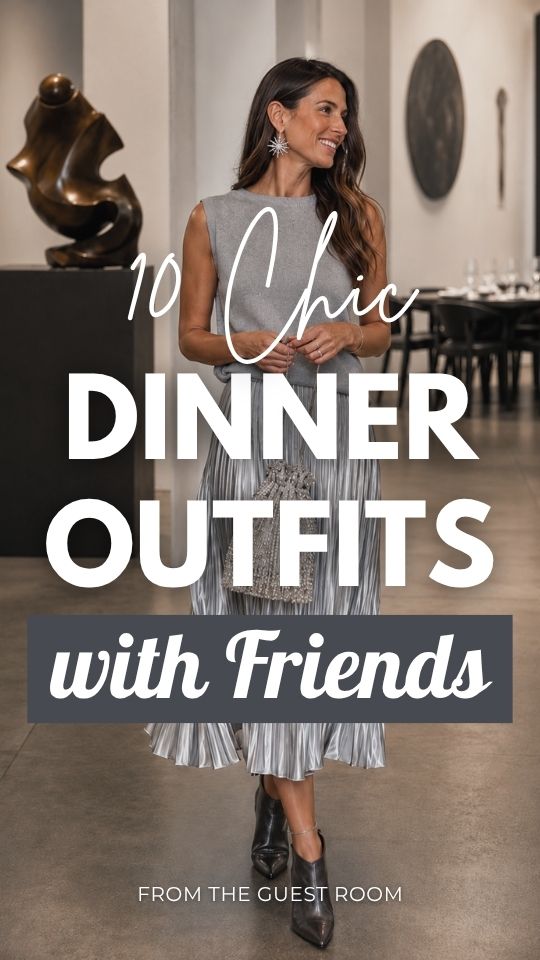 a woman wears a date night outfit with friends, featuring a gray sleeveless top and a silver pleated skirt