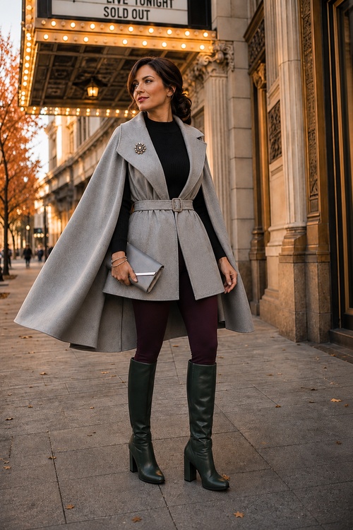 a woman wears a fall dinner outfit with a gray cape coat and green knee-high boots