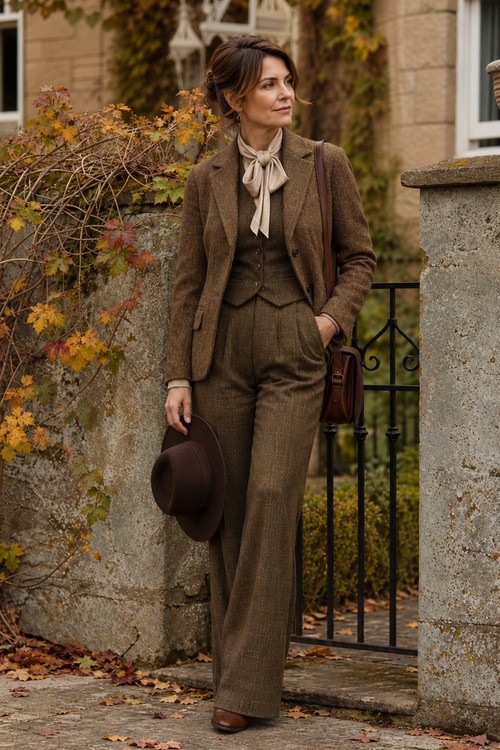a woman wears a fall old money outfit with a brown tweed blazer, matching vest and trousers, cream bow blouse, and brown leather shoes