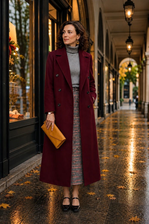 a woman wears a fall old money outfit with a burgundy long coat, gray turtleneck, plaid midi skirt, and black Mary Jane heels