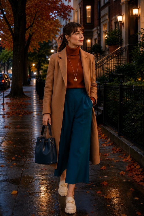 a woman wears a fall outfit with a camel coat, rust turtleneck, teal wide leg pants, and white loafers