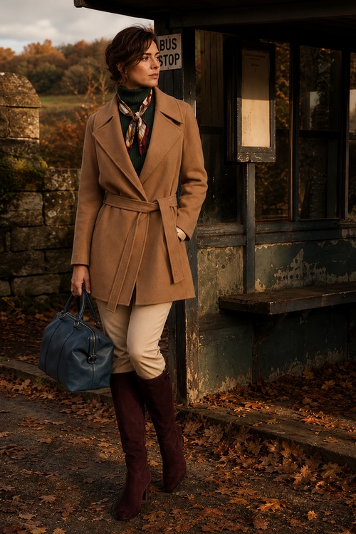 a woman wears a fall outfit with a camel wrap coat, green turtleneck, cream pants, burgundy knee high boots, and a printed scarf