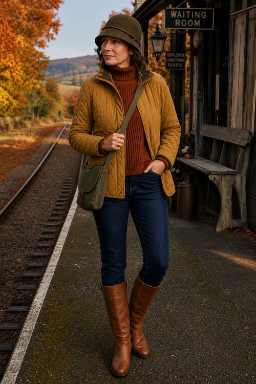 a woman wears a fall outfit with a quilted jacket, rust turtleneck sweater, dark jeans, brown knee high boots, and an olive crossbody bag