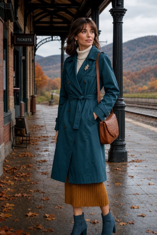 a woman wears a fall outfit with a teal trench coat, cream turtleneck, mustard pleated skirt, blue ankle boots, and a brown shoulder bag