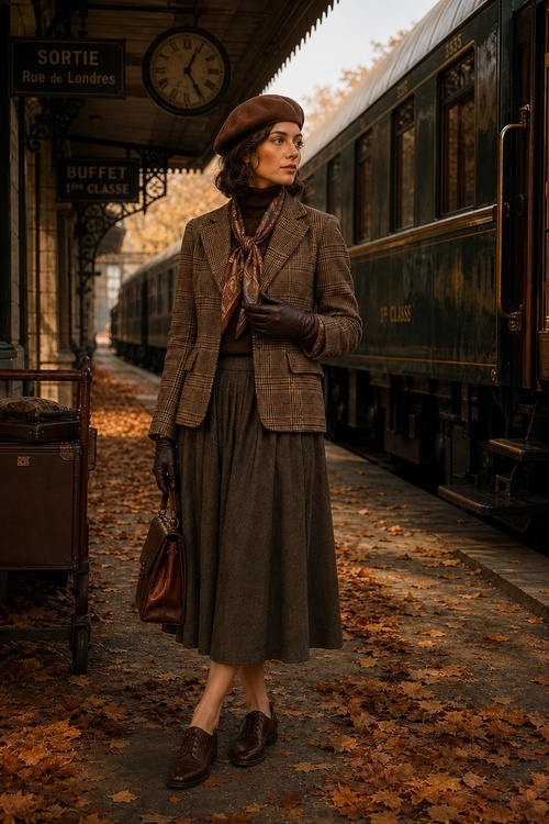 a woman wears a fall vintage outfit with a plaid blazer, brown turtleneck, midi skirt, beret, and brown oxford shoes