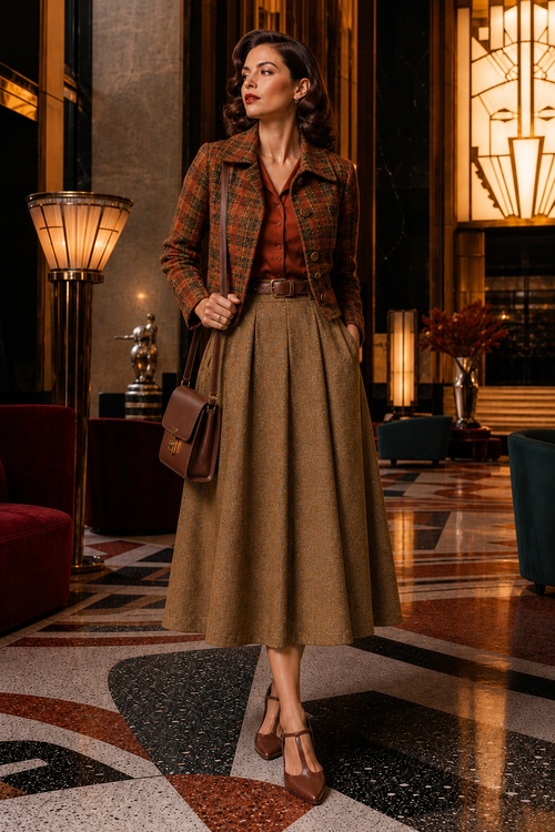 a woman wears a fall vintage outfit with a plaid jacket, rust blouse, tan midi skirt, and brown t strap heels