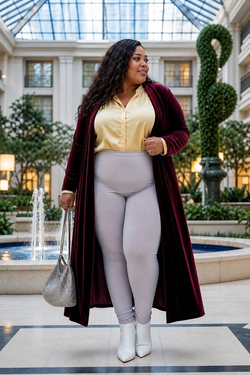 a woman wears a gold satin blouse with a burgundy velvet duster, gray leggings, and white ankle boots in an elegant atrium