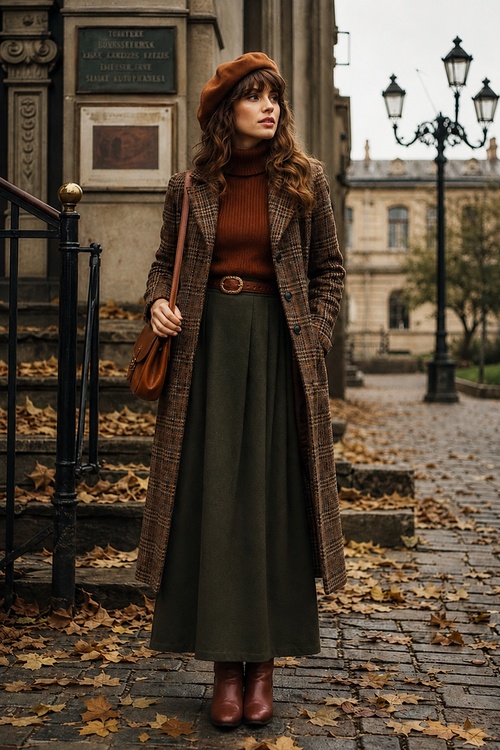 a woman wears a plaid coat with a rust turtleneck, olive midi skirt, and brown ankle boots