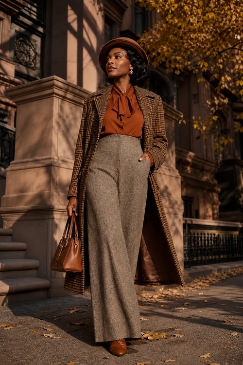 a woman wears a rust bow blouse with a houndstooth coat, tweed wide-leg pants, and brown boots