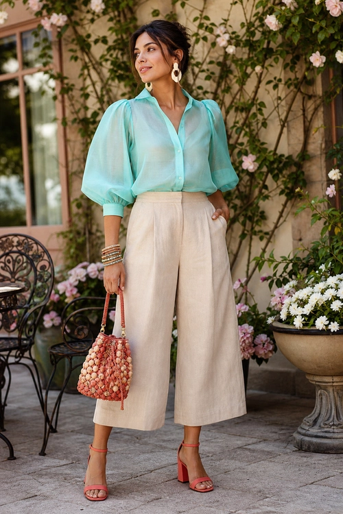 Aqua Blouse and Cream Culottes Woman wearing a sheer aqua puff-sleeve blouse with cream wide-leg culottes, coral heeled sandals, statement earrings, bracelets, and a woven drawstring bag.