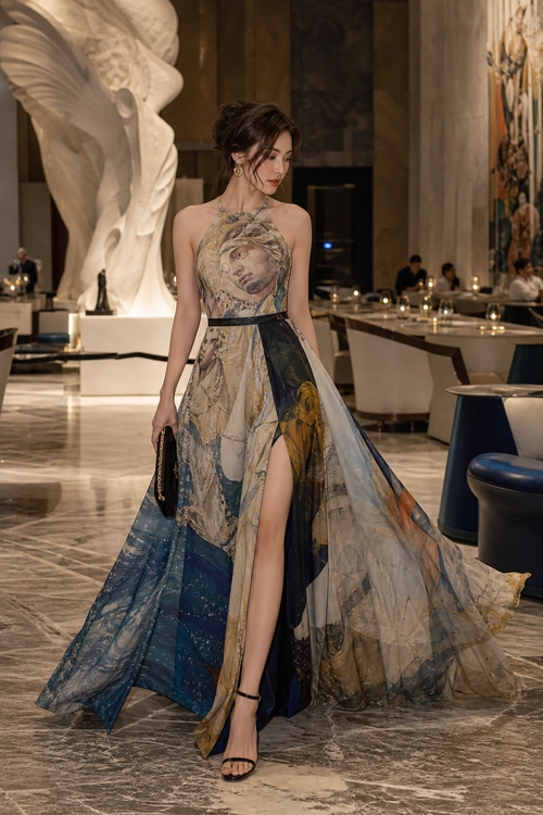 A woman wears a flowing printed floor-length gown with a thigh-high slit, black waist belt, black clutch, and strappy heels.