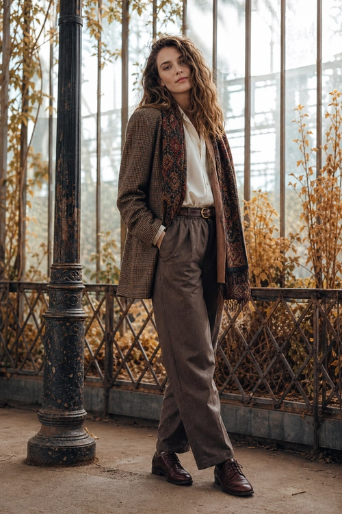 Autumn Brown Tailored Outfit Woman wearing a brown checked blazer, cream blouse, patterned scarf, high-waisted brown trousers, belt, and dark brown ankle boots.