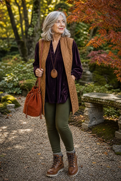 Woman wearing a tan quilted long vest over a plum top with olive pants, brown lace-up boots, a rust-colored shoulder bag, and a pendant necklace.