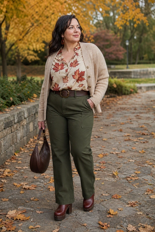 A woman wears a beige cardigan over a leaf print blouse with olive green trousers, a brown belt, brown heeled shoes, and a dark brown handbag.