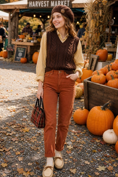 Autumn Market Outfit A woman wears a brown beret, dark brown cable-knit sweater vest, striped shirt, rust-colored jeans, cream moccasins, and carries a plaid handbag at an autumn market.