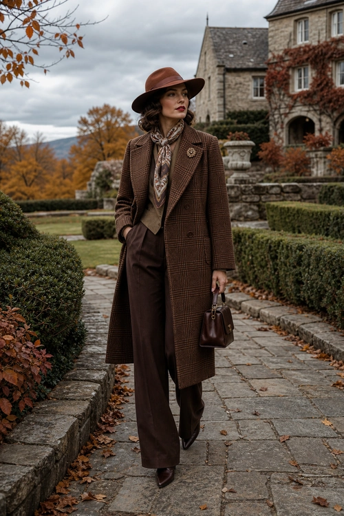 Autumn Plaid Coat Outfit Woman wearing a brown plaid long coat, wide-brim hat, patterned scarf, wide-leg trousers, pointed shoes, and carrying a structured handbag in an autumn garden.
