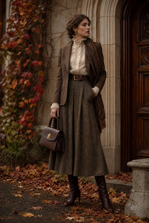 Autumn Tweed Skirt Outfit A woman wears a brown tweed blazer, cream ruffled blouse, pleated midi skirt, heeled boots, and a structured handbag outside a stone doorway.