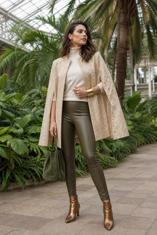A woman wears a beige patterned cape over a cream turtleneck with olive leather-look pants, metallic ankle boots, and a green handbag.