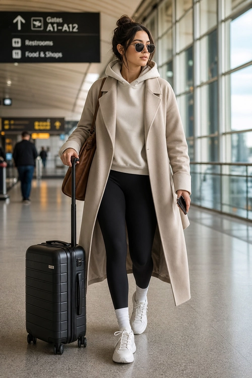 A traveler wears a long beige coat over a light hoodie and black leggings with white sneakers while pulling a black suitcase through an airport.