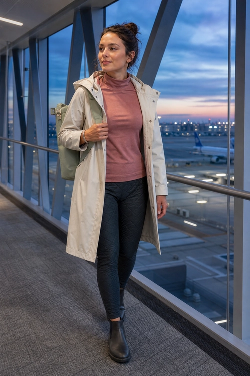 Woman wearing a light beige hooded coat over a muted pink high-neck top with black fitted pants, black ankle boots, and a light-colored backpack.