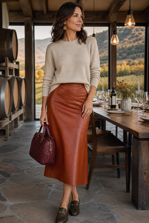 Beige knit sweater styled with a cognac leather midi skirt, burgundy handbag, and dark brown loafers.