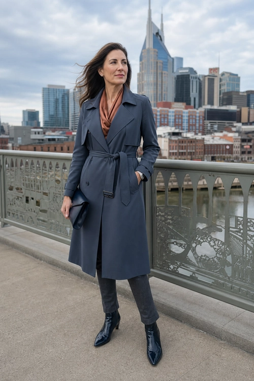 A woman wears a belted blue-gray trench coat with a copper scarf, gray trousers, black ankle boots, and a black clutch.