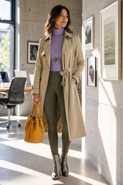 A polished outfit featuring a beige belted trench coat, lavender turtleneck, olive trousers, ankle boots, and a mustard handbag.