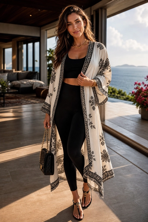 Woman wearing a black crop top and leggings with a cream patterned kimono, black sandals, and a small chain-strap bag.