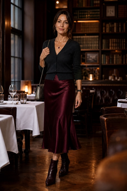 Woman wearing a black button-front cardigan with a burgundy satin midi skirt, black ankle boots, and a small shoulder bag.