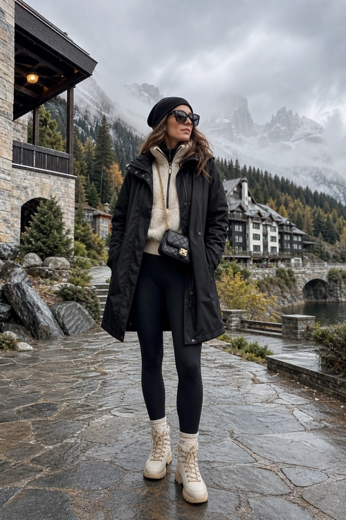 A woman wears a long black coat, cream half-zip sweater, black leggings, cream lace-up boots, beret, sunglasses, and a crossbody bag outdoors in a mountain setting.