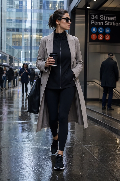 A woman wears a long taupe coat over a black zip-front top, black leggings, and black sneakers while walking with a tote bag and coffee cup.