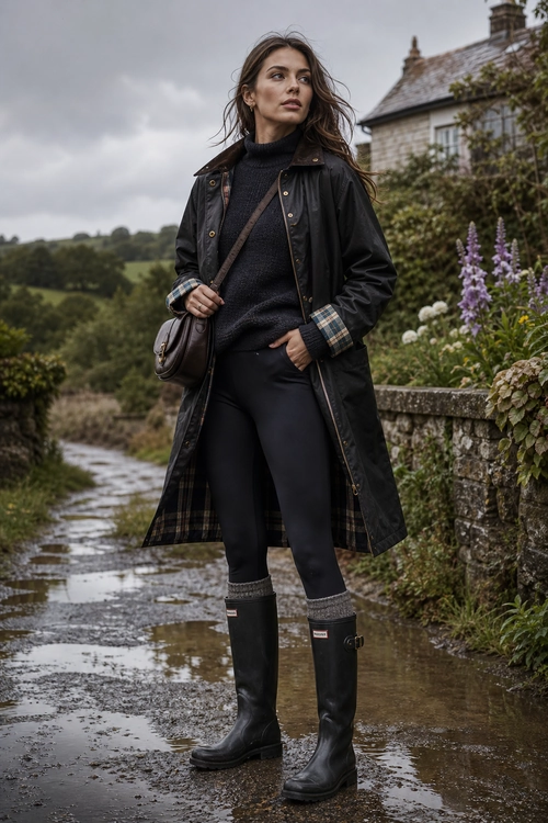 A woman wears a long black jacket, black turtleneck sweater, black trousers, tall black boots, and a brown crossbody bag on a wet country lane.