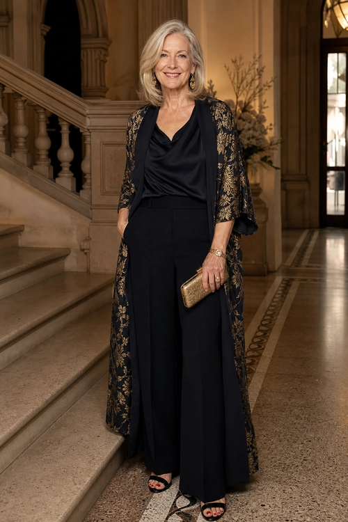 A woman wears a black draped top and wide-leg trousers with a long black-and-gold floral duster, open-toe sandals, and a gold clutch.