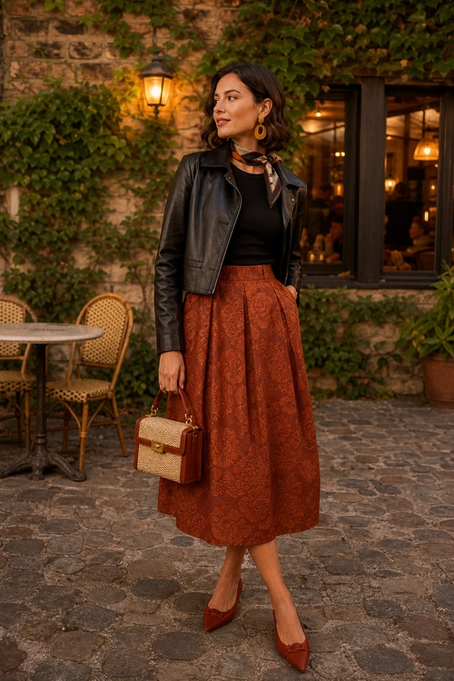 Woman wearing a black leather jacket over a black top with a rust patterned midi skirt, pointed shoes, scarf, earrings, and a structured handbag.