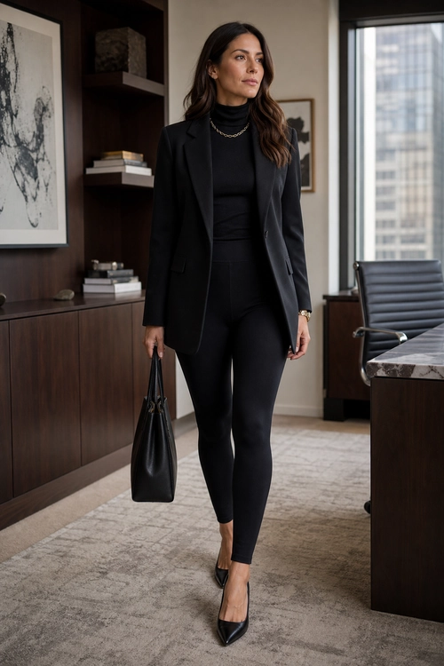 A woman wears a black blazer over a fitted black top and slim trousers with pointed heels, a handbag, and gold jewelry.