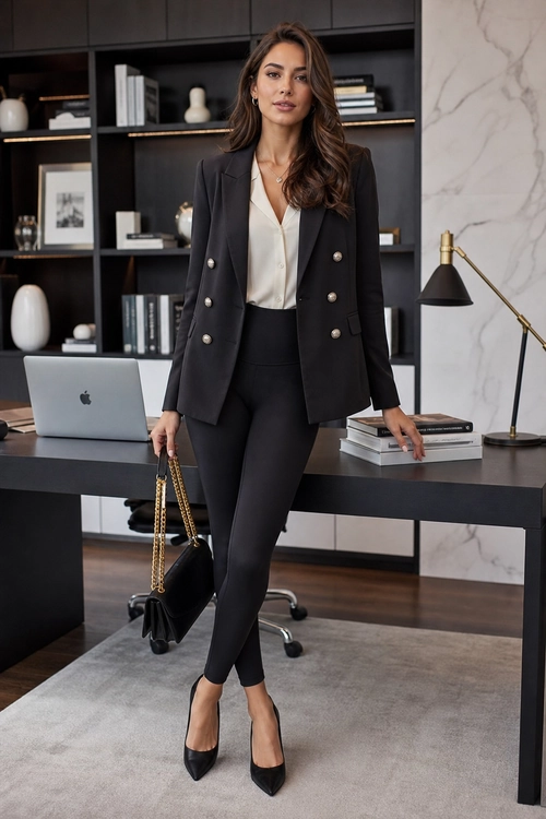 A woman wears a black blazer with gold buttons, an ivory blouse, black trousers, pointed pumps, and a chain-handle handbag in a modern office.