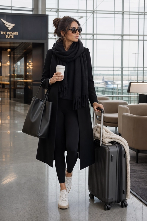 A woman wears a black long coat, scarf, fitted trousers, and white sneakers while carrying a black tote and pulling a rolling suitcase.