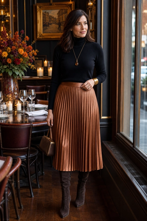 Black Turtleneck with Copper Pleated Skirt A woman wears a black turtleneck, copper pleated midi skirt, brown knee-high boots, and a small brown handbag.