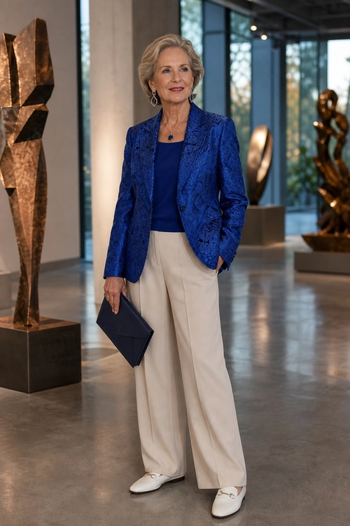A woman wears a textured blue blazer over a navy top with cream wide-leg trousers, white shoes, and a dark clutch.