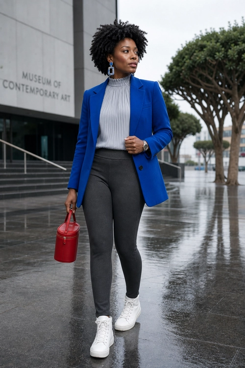 A woman wears a bright blue blazer over a gray pleated high-neck top with dark slim trousers and white high-top sneakers.
