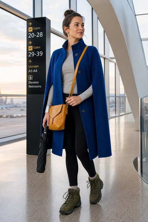 A woman wears a blue cape coat over a gray top with black leggings, olive hiking boots, and a mustard crossbody bag.