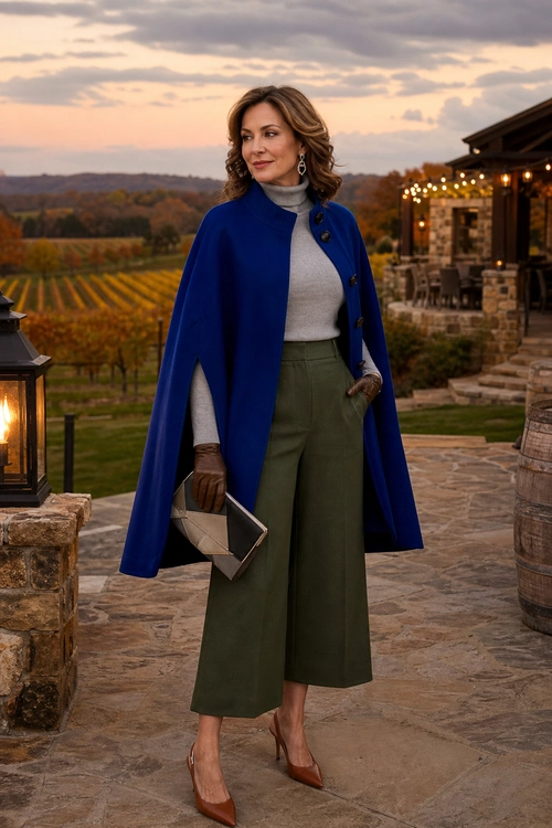 Woman wearing a cobalt blue cape over a gray turtleneck with olive cropped wide-leg trousers, brown gloves, pointed heels, drop earrings, and a clutch.