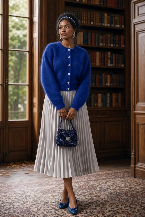 Blue Cardigan and Pleated Skirt Outfit A blue buttoned cardigan is styled with a light gray pleated midi skirt, blue pumps, and a beaded handbag.