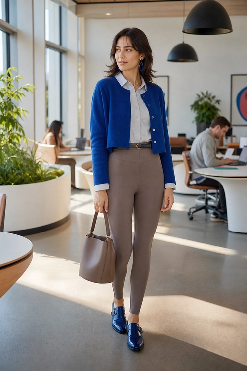 Woman wearing a blue cardigan over a collared shirt with taupe trousers, blue shoes, and a matching taupe handbag.