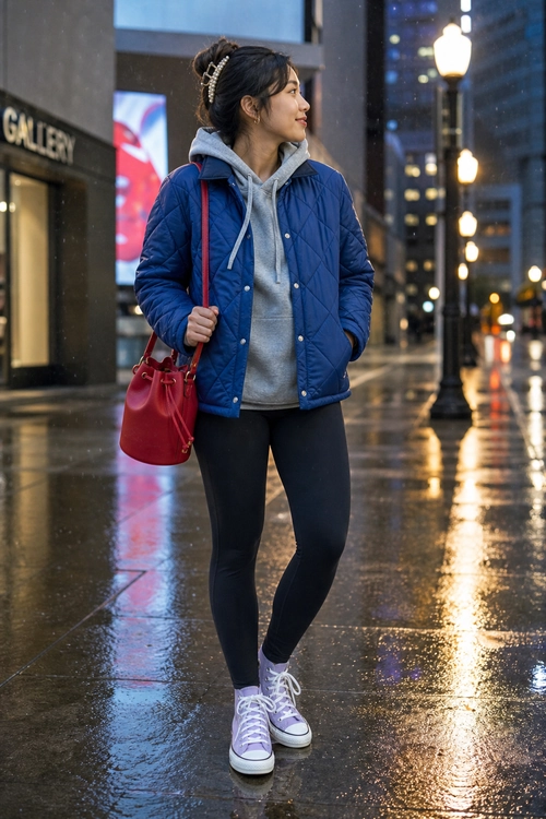 Casual outfit featuring a blue quilted jacket over a gray hoodie, dark leggings, lavender sneakers, and a red shoulder bag.