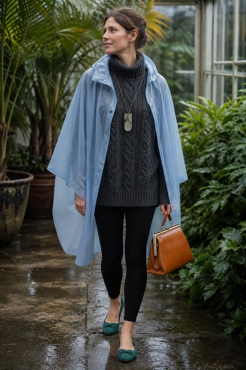 Woman wearing a translucent light blue rain poncho over a charcoal cable-knit turtleneck sweater with black leggings, teal flats, a brown handbag, and a pendant necklace.