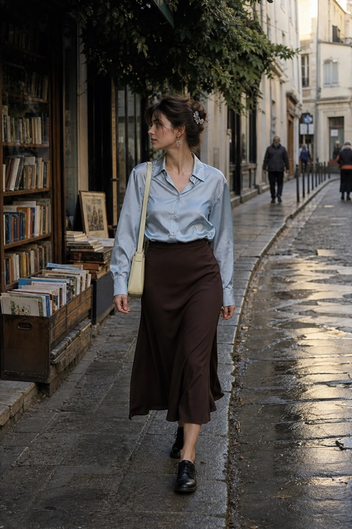 Blue Shirt and Brown Midi Skirt A woman wears a light blue button-up shirt with a dark brown midi skirt, black shoes, and a cream shoulder bag on a wet city street.