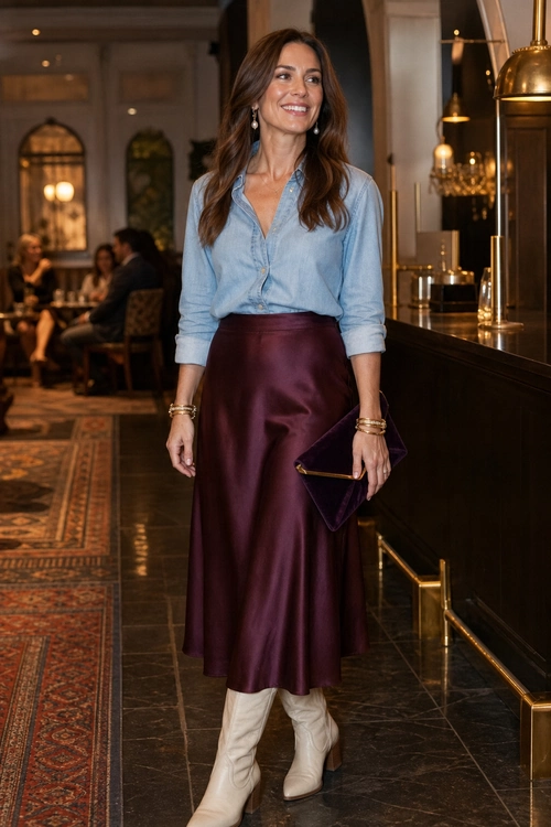 Burgundy Satin Skirt Outfit A woman wears a light blue button-down shirt with a burgundy satin midi skirt, cream boots, gold bracelets, earrings, and a plum clutch.