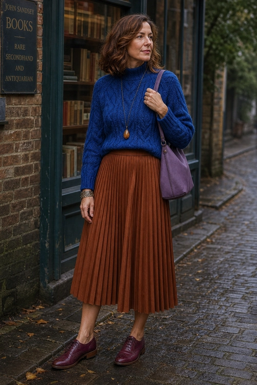 Blue Sweater and Pleated Skirt Outfit A blue cable-knit sweater styled with a rust pleated midi skirt, burgundy lace-up shoes, and a purple shoulder bag.